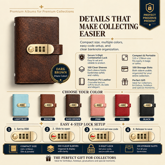 🎁Transparent pocket-sized currency collection album, made of premium PU leather, with a combination lock-1