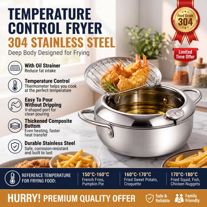 🔥First 50 customers enjoy a 50% discount⏰304 Stainless Steel Deep Fryer Pot With Built In Thermometer Drain Rack And Pour Spout For Easy Home Cooking